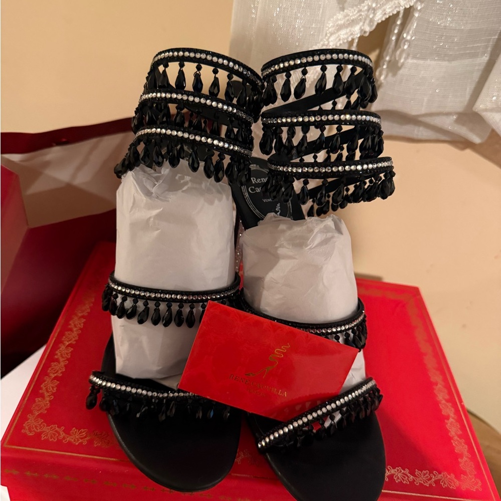 Rene Caovilla Black and Silver Embellished Heels